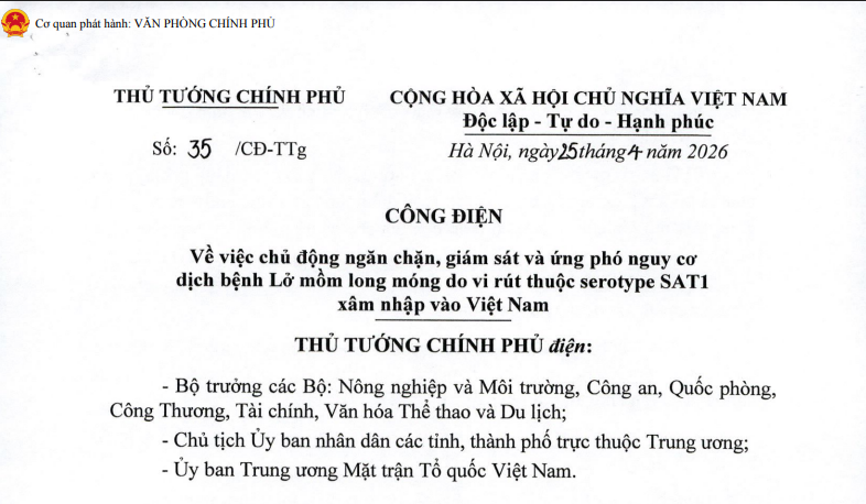 Công điện số 35/CĐ-TTg về việc chủ động ngăn chặn, giám sát và ứng phó nguy cơ dịch bệnh LMLM do vi rút thuộc serotype SAT1 xâm nhập vào Việt Nam